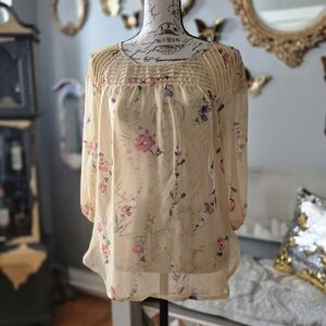 Boho Sheer Floral Yellow Blouse Small